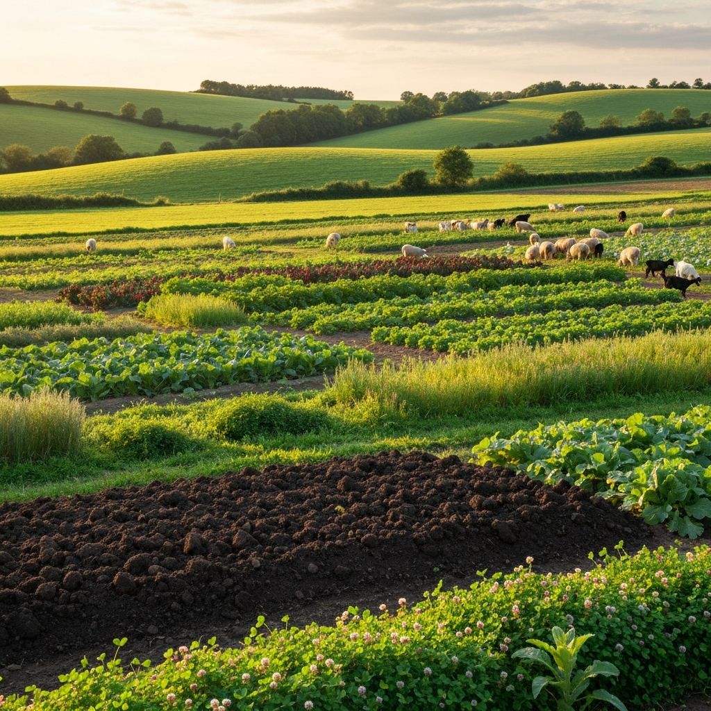 Regenerative polyculture farm at golden hour with diverse crops