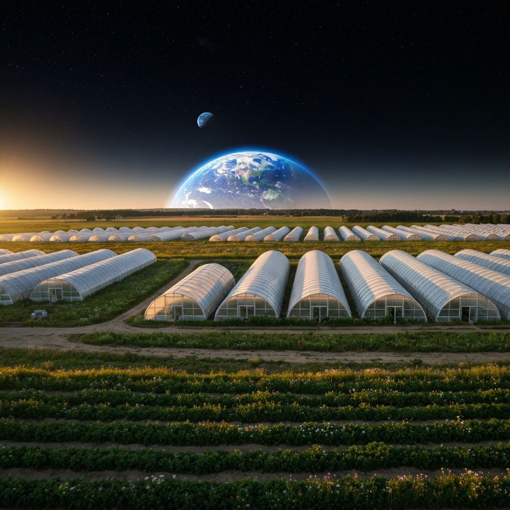 Futuristic biofarming landscape with geodesic domes transitioning into space