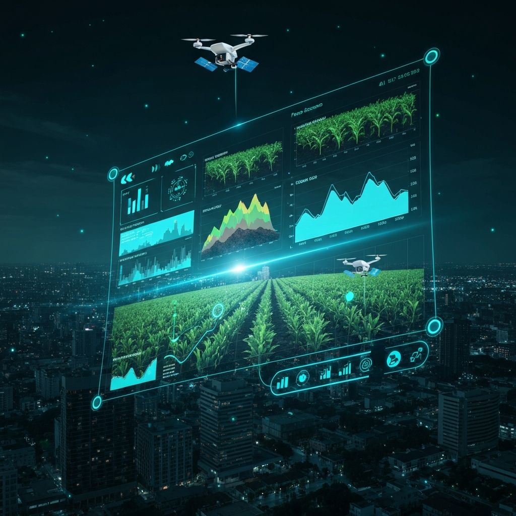 Holographic AI interface displaying agricultural data and neural network visualizations